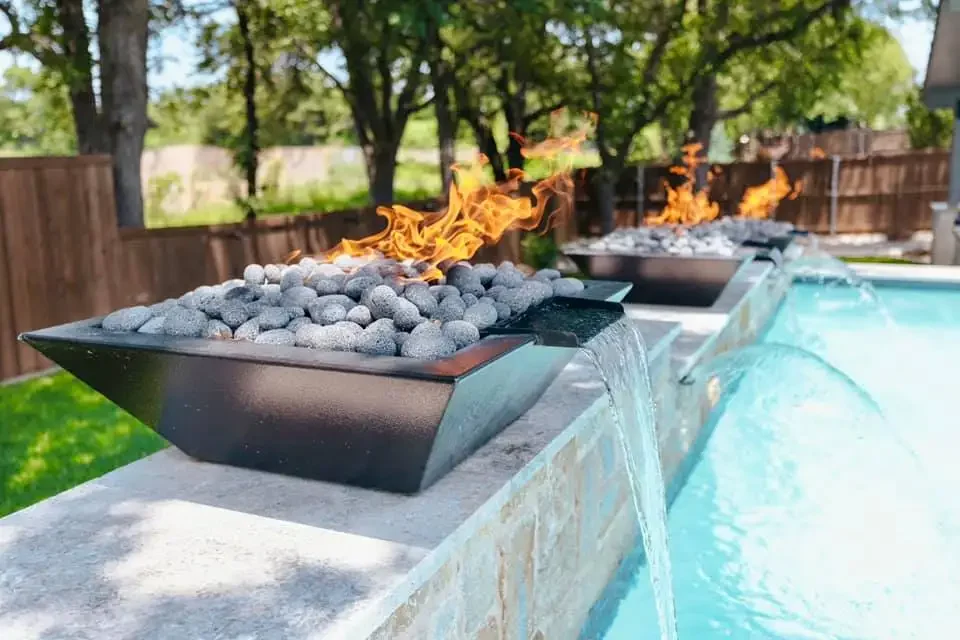 Decorative steel waterfall fire pit heater for swimming pool patio heating