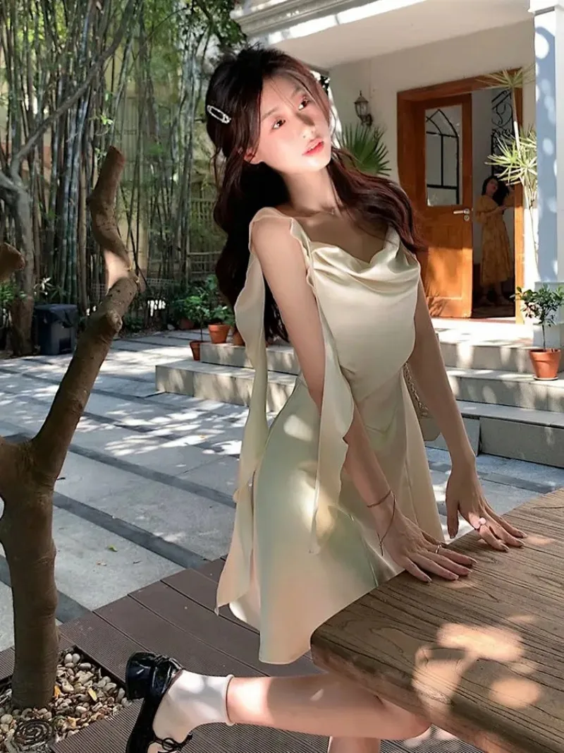 Korean Fashion Satin Dress Women 2025 New Spring Summer Ribbon Waist Cinching Slimming Camisole Sweet Dress for Woman