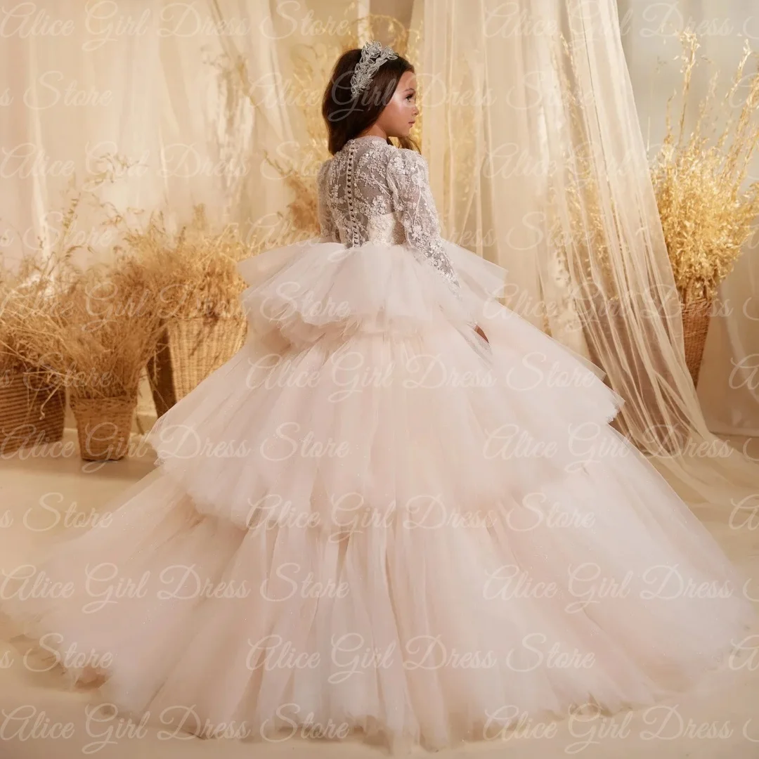ที่กําหนดเองชุดเดรสดอกไม้สําหรับงานแต่งงานลูกไม้ Appliques Layered Princess First Communion เด็กวันเกิด Party Ball Gowns