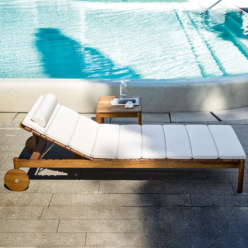 Folding Teak Wood Lounger Outdoor Pool Beach Bed Solid Wood Lying Chair for Villa Balcony Garden Patio Furniture