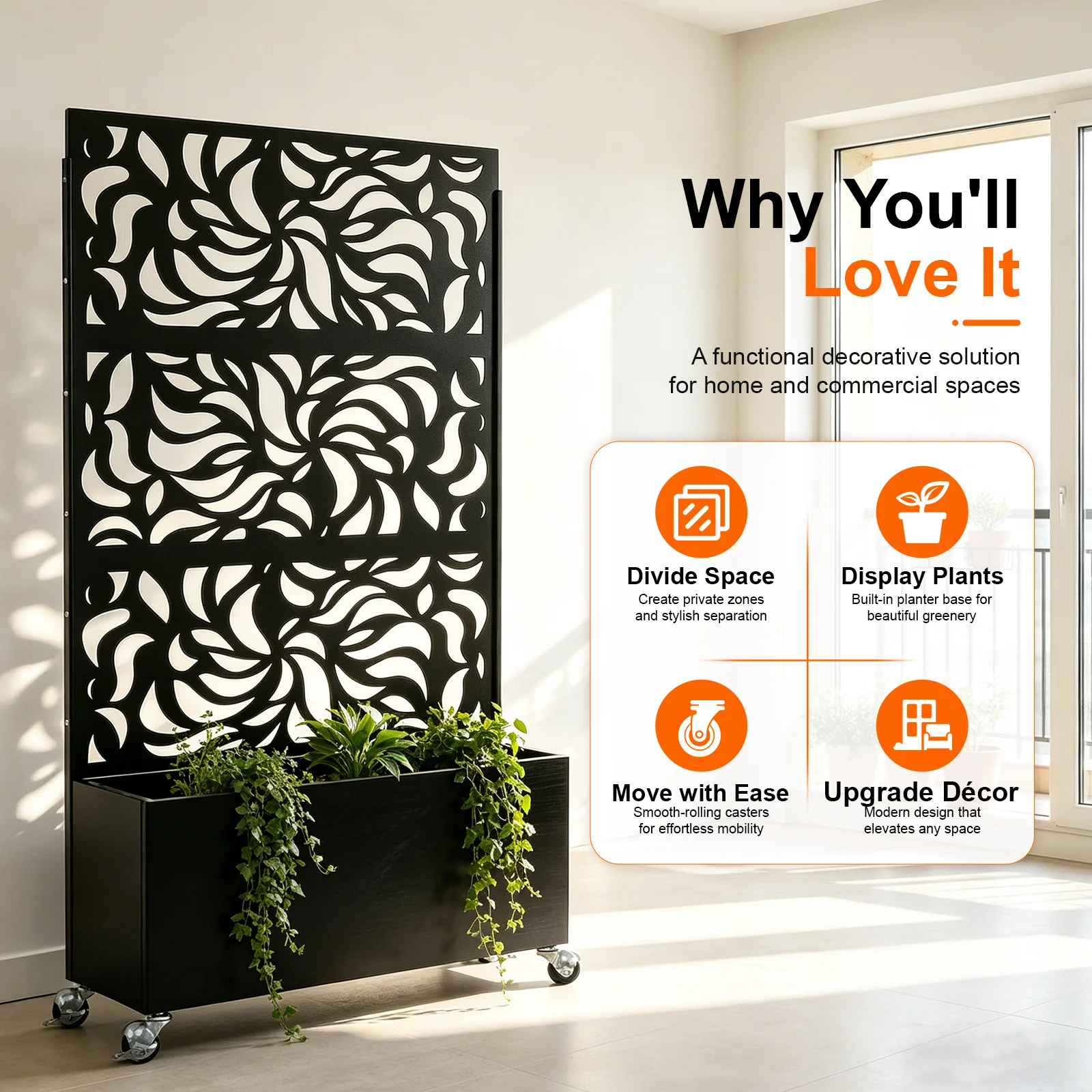 70.87" H × 46.06" W Leaf Pattern Privacy Screen with Planter Box, Black Metal Freestanding Decorative Fence Planter for Patio view 3