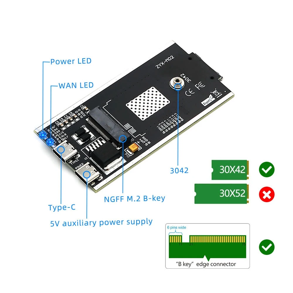 SIM kart yuvası ve WWAN/LTE modülü için yardımcı güç arayüzü ile USB 2.0 (C tipi) adaptörüne NGFF(M.2)