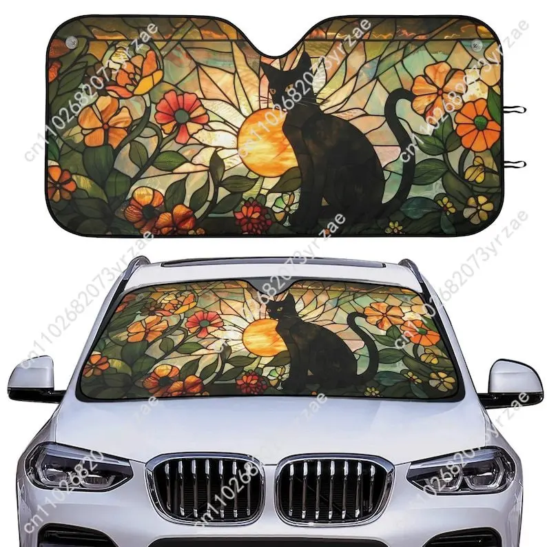 

Black Cat Car Sun Shade Good Heat Insulation Effect Windshield Sunshade Portable Waterproof Easy Clean Car Accessory
