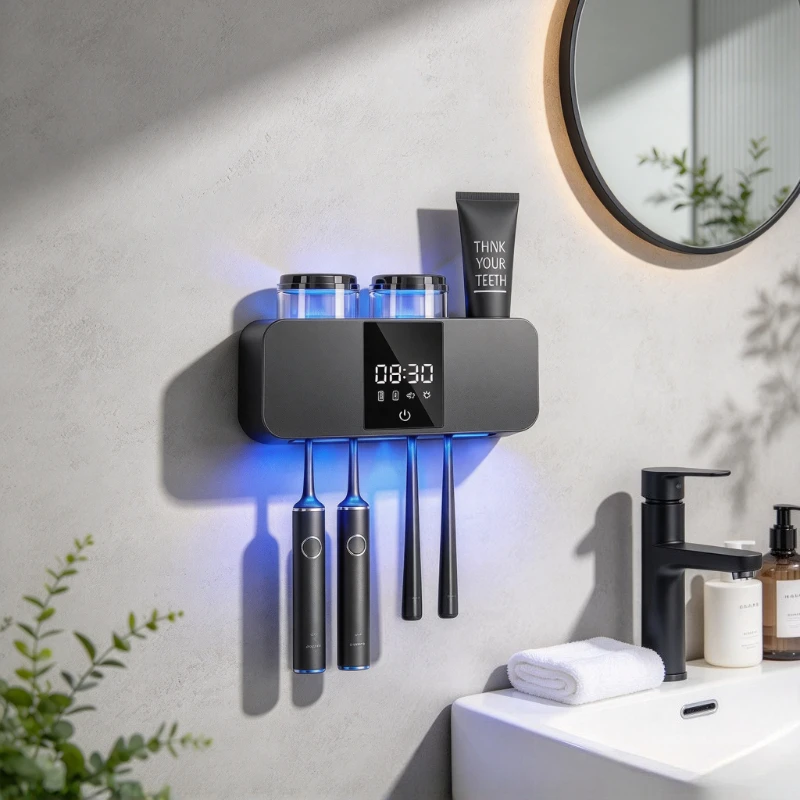 No Drill UV Toothbrush Holder with 6 Air Drying Levels, Fan Under 28dB and Wall Mounted Bathroom Storage for Brushes and Cups