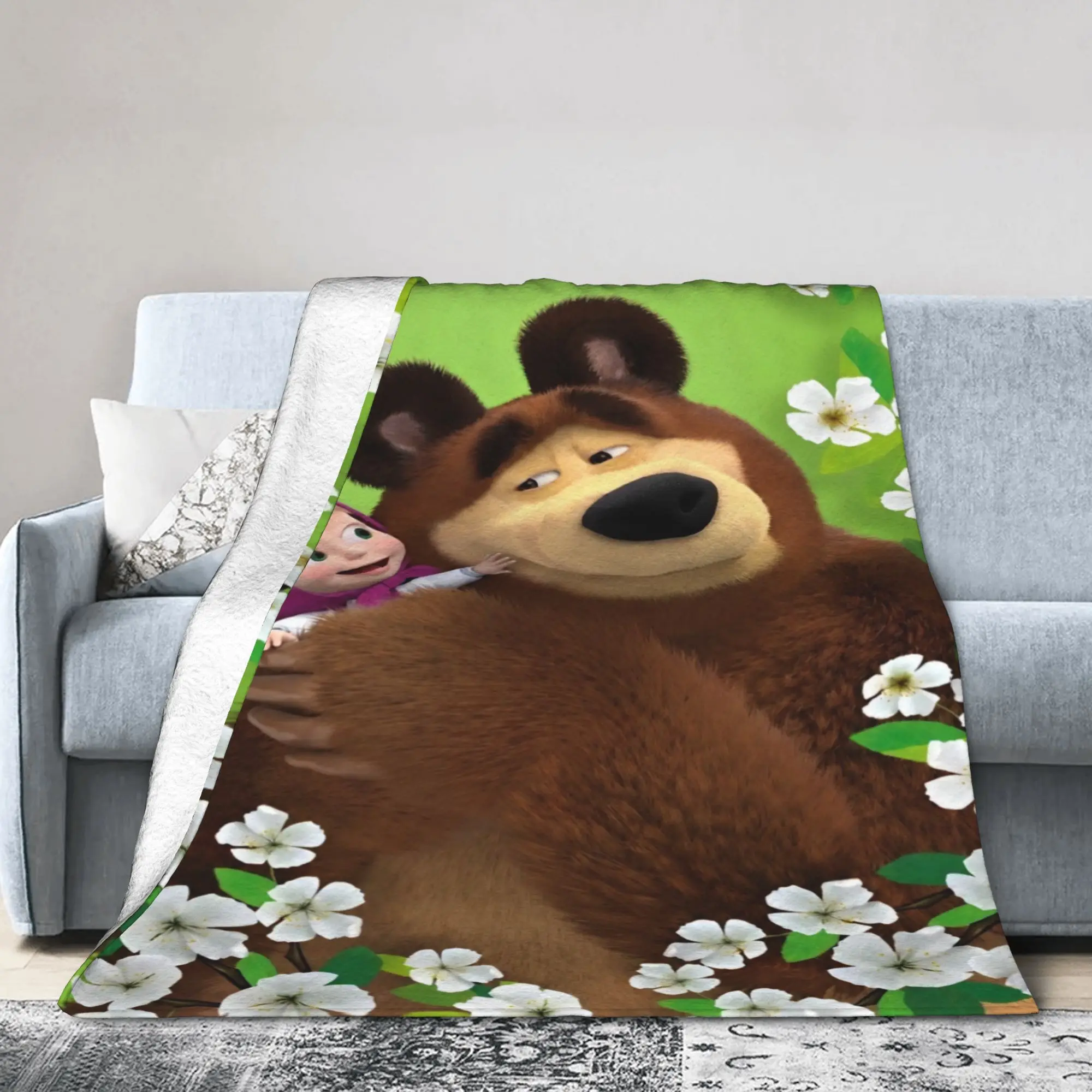 M-Mashas and B-Bears White Blossom Blanket  Super Warm Novelty Plush Throw Blanket For Girls Boys Flannel Bedspread Bed Cover