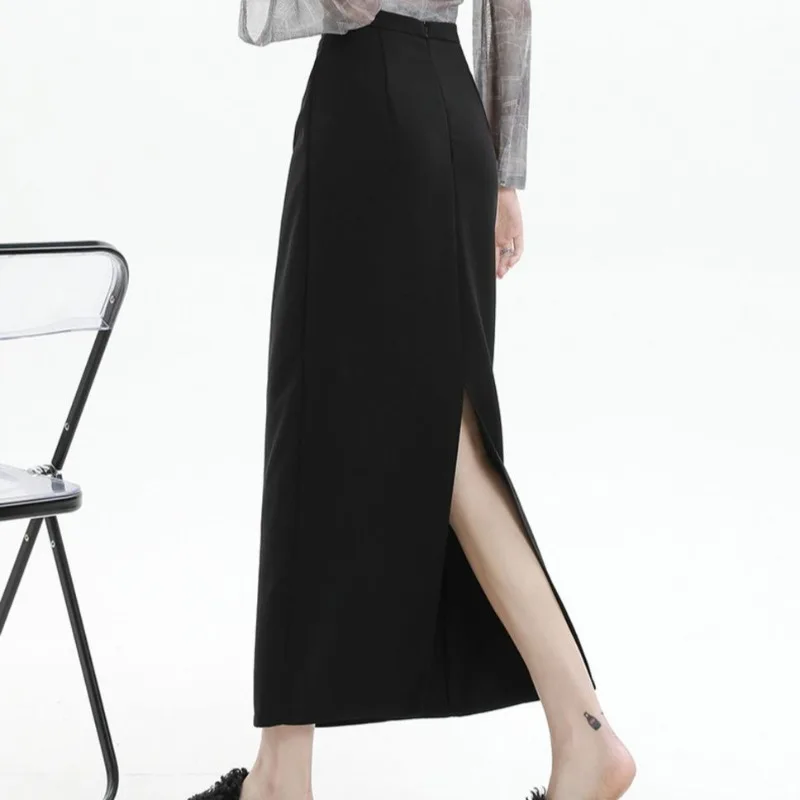 Chic Skirts for Women Black Spring Summer High Waist Young Girls Casual Simple Korean Style Mid-calf Ins A-line Elegant Slit