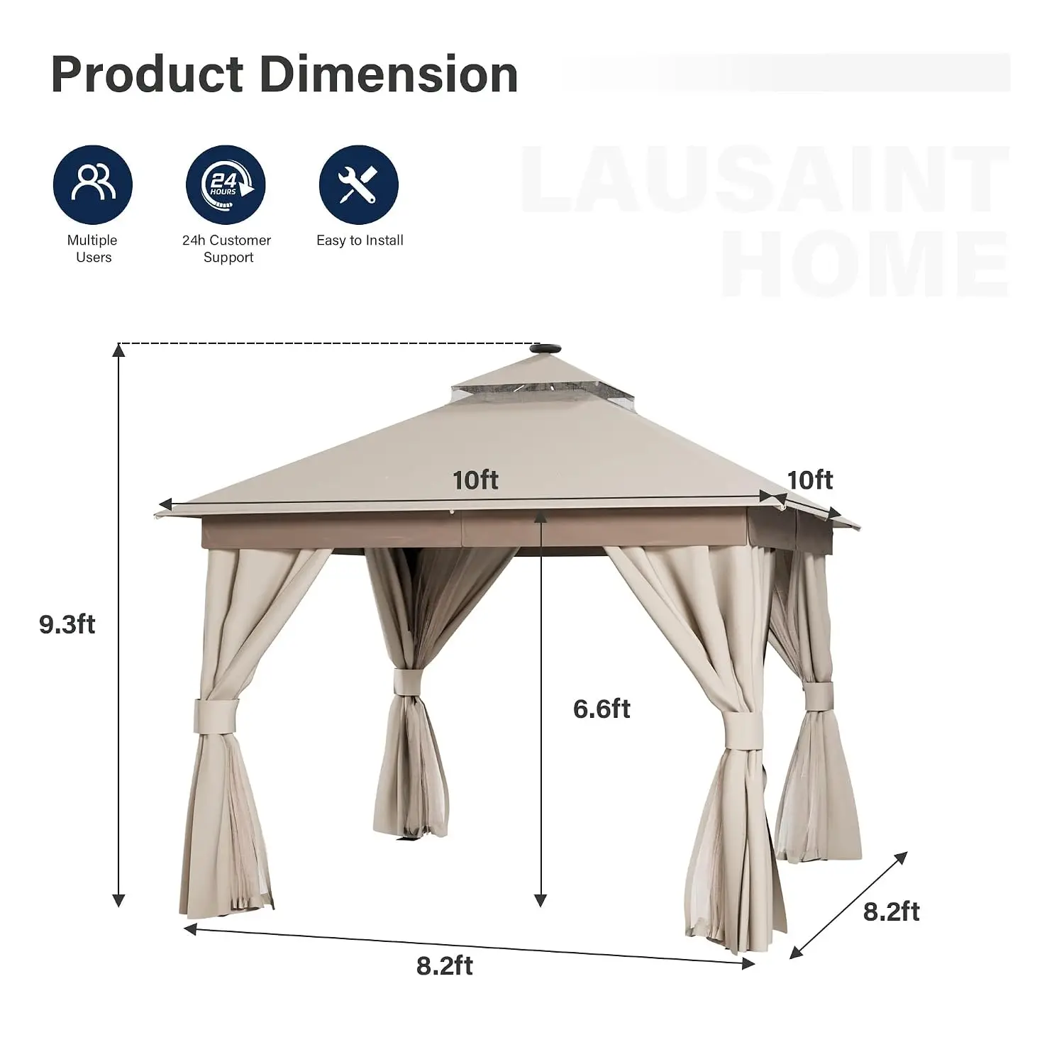 10x10 Metal Gazebo with LED Lights, Double Roof, Mosquito Net & Privacy Screen for Patio Backyard, Gray, Customized