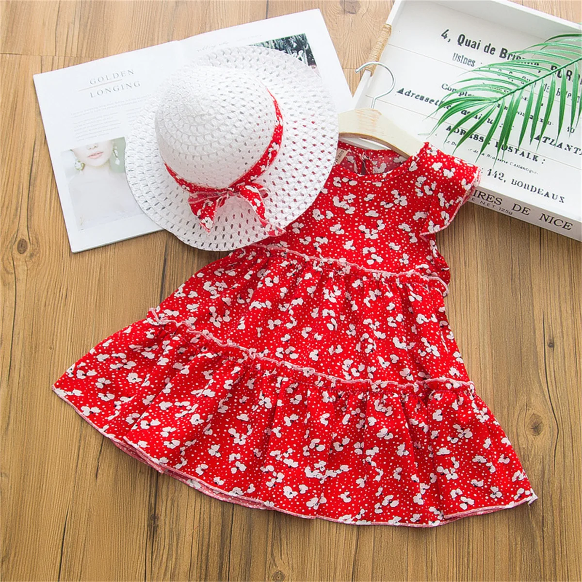 2-Piece Summer Baby Beach Skirt+Beach Hat Girl Flower Princess Chiffon Sleeveless Sweet Beauty Baby Dress