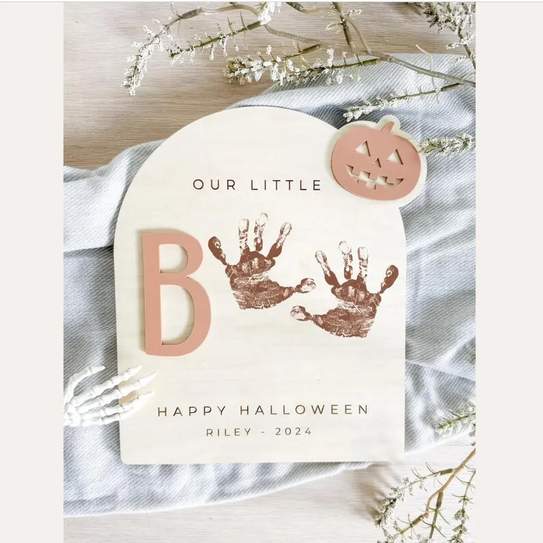 Personalized Newborn Plaque Halloween Hand Footprint Wood Sign Trick Or Treat My Little Boo Custom Name Baby Memory Keepsake