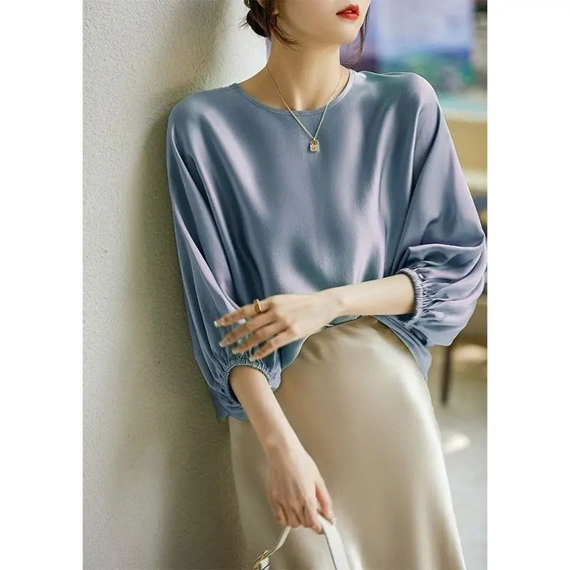 Satin Silk Half-Sleeve Tee New In Summer Tops Basic Solid Women‘S T-Shirt Casual O-Neck Thin Shirts Ladies Loose Blouses