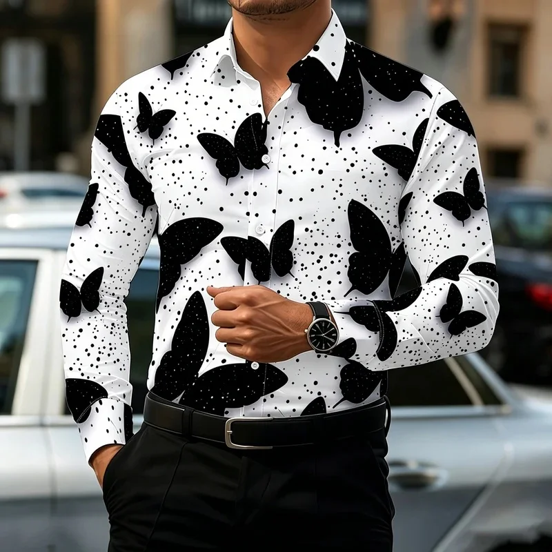 Men's Long-Sleeved Shirt with butterfly Polka Dot Print, Slim Fit, Turn-Down Collar, Trendy Casual Shirt, Versatile Men's Top