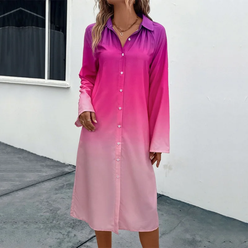 Women's Button Down Shirt Dress Button Waist Long Sleeve Ombre High Low Shirt Top