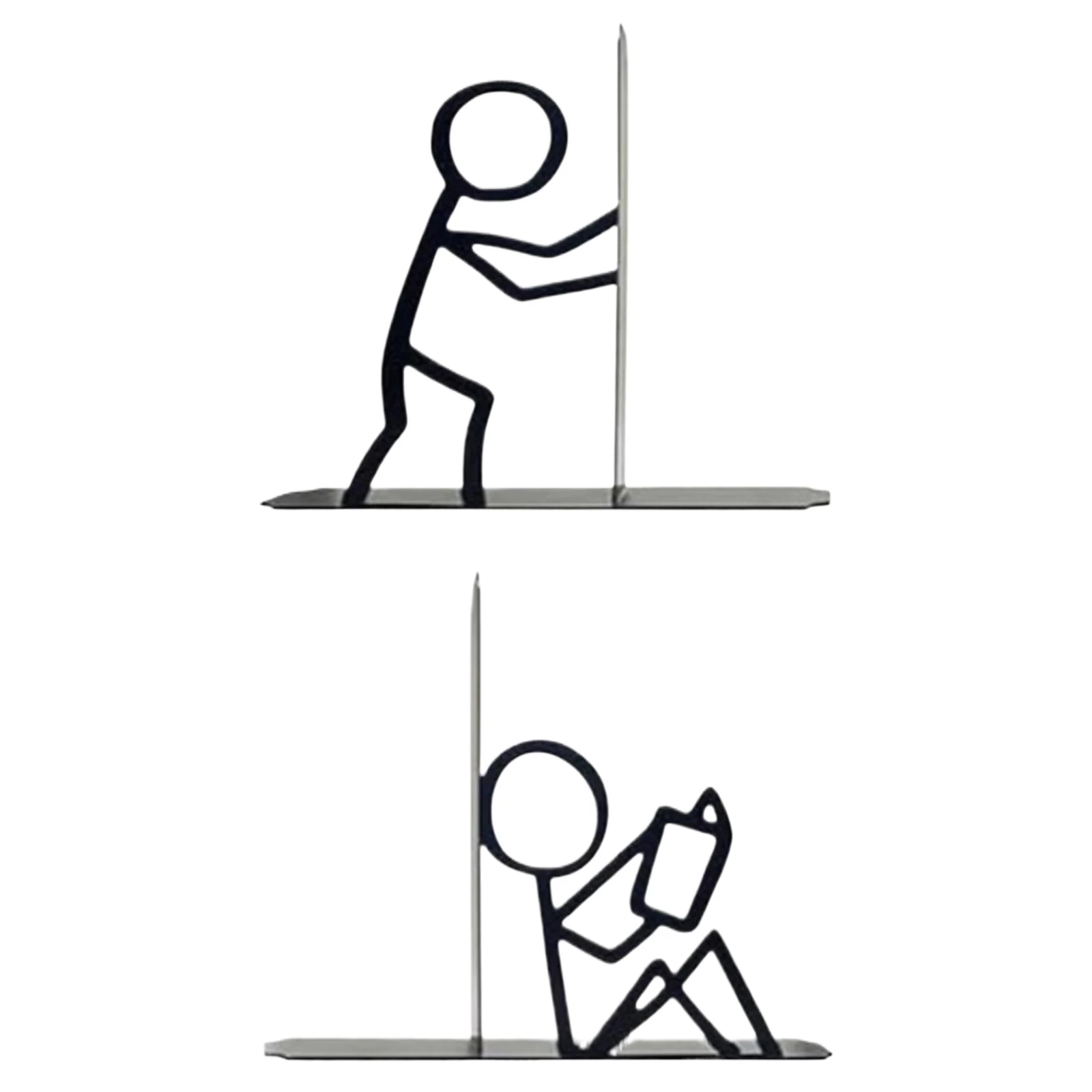 Cartoon Stickman Bookends 2 Piece Metal Reading Figure T-Base Book Stand Holder Anti-Rust Desk Organizer