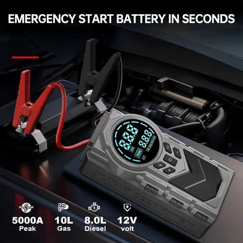 Compact 12V 2-in-1 Car Jump Starter & Tire Inflator - JKUOO 150PSI Inflation, -40°C Resistant, LED Light USB Ports