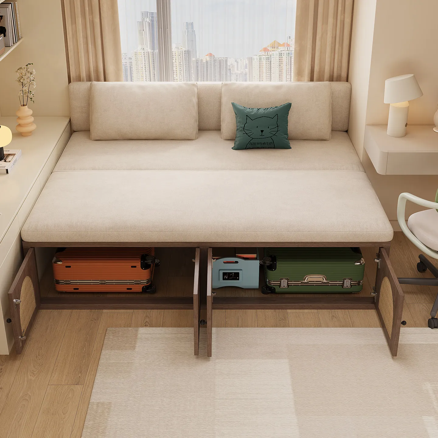 Three-fold bay window retractable solid wood bed with cabinet door Three-fold solid wood bed bay window transformation artifact