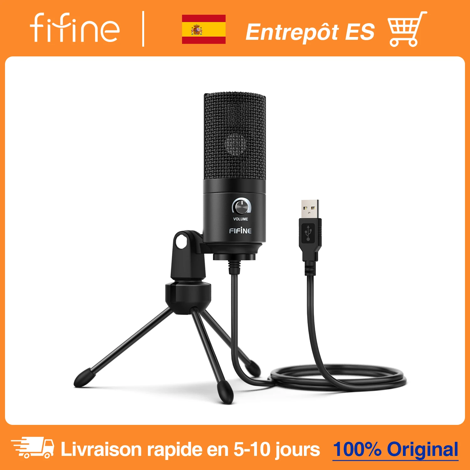 FIFINE Microphone à condensateur USB avec bouton de Gain, micro d'enregistrement en métal pour Studio à domicile, Podcasting, voix sur ordinateur portable, Windows-K669