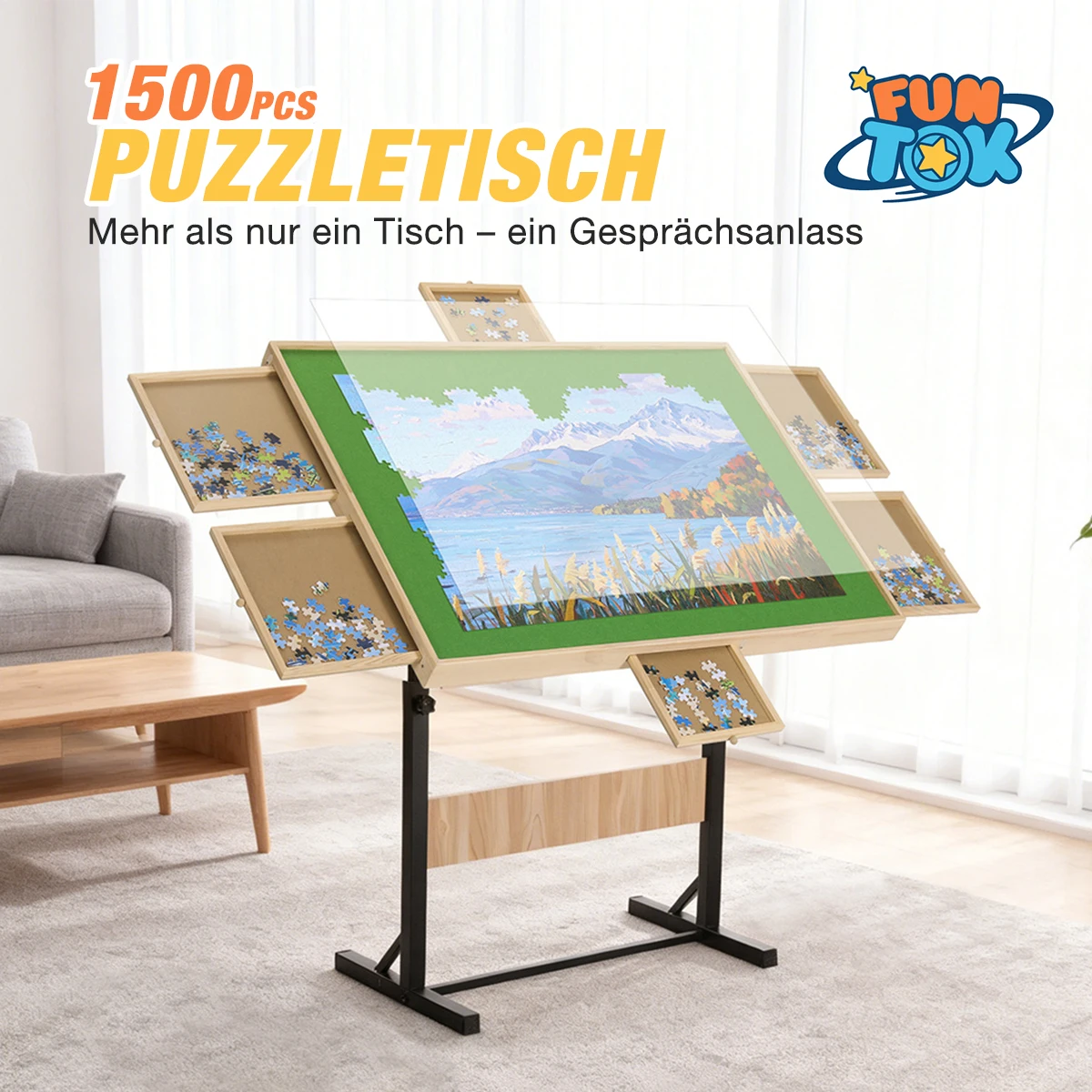 Rollbarer 1500/2000 Teile Puzzle-Tisch mit Schubladen Winkel- und Höhenverstellbar für Erwachsene Neigbarer Tragbarer Puzzle-Brett-Tisch