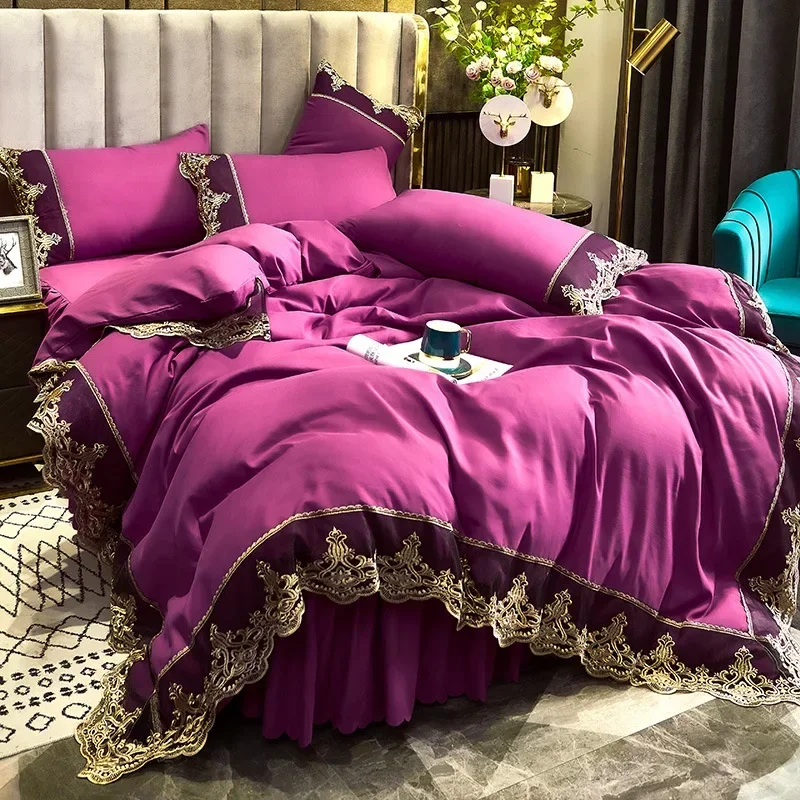 Skincare Polished Light Luxury European Style Embroidery Four Piece Set Solid Color Lace Bed Skirt Four Piece Set