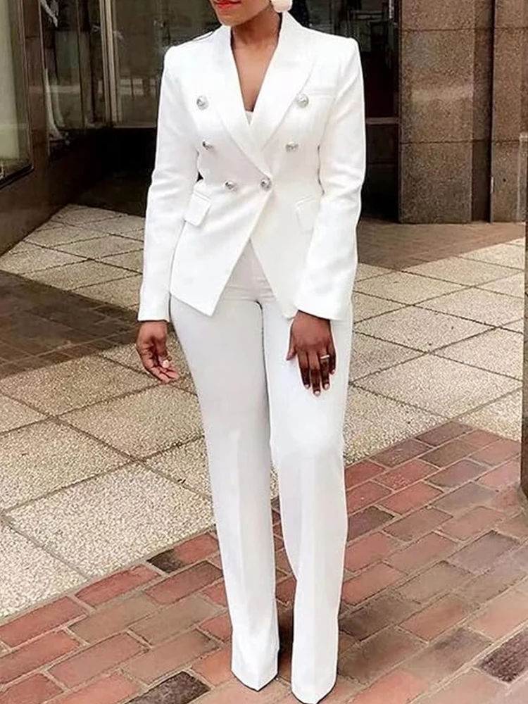 أنيقة مكتب سيدة زائد حجم دعوى قطعتين مجموعة مزدوجة الصدر طويلة الأكمام محززة طوق الصلبة عارضة الخريف مطابقة مجموعة #4