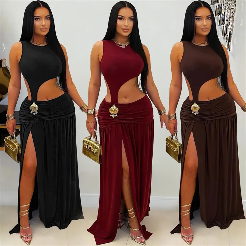 Sexy Cut Out Ruched A-line Birthday Dress for Woman Party Club Night Sleeveless O-neck High Split Prom Maxi Dresses Robe Femme