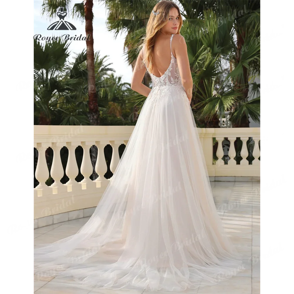 فستان زفاف Roycebridal Boho برقبة على شكل V على شكل حرف A 2025 تول ذيل محكمة ثوب زفاف مخصص فيستدوس دي نوفيا بوداسافاو ديبافينويوك