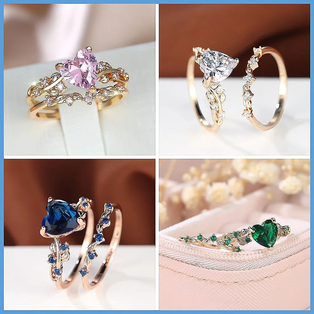 Romantic Zircon Heart Ring Set, 2-Pack Round Love Rings, Fashion Wholesale