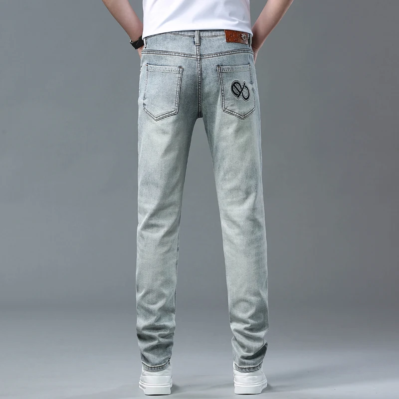 2024 Summer New Light Blue Jeans for Men's Luxury Trend Embroidery Slim Fit Small Straight Leg Versatile High end Pants