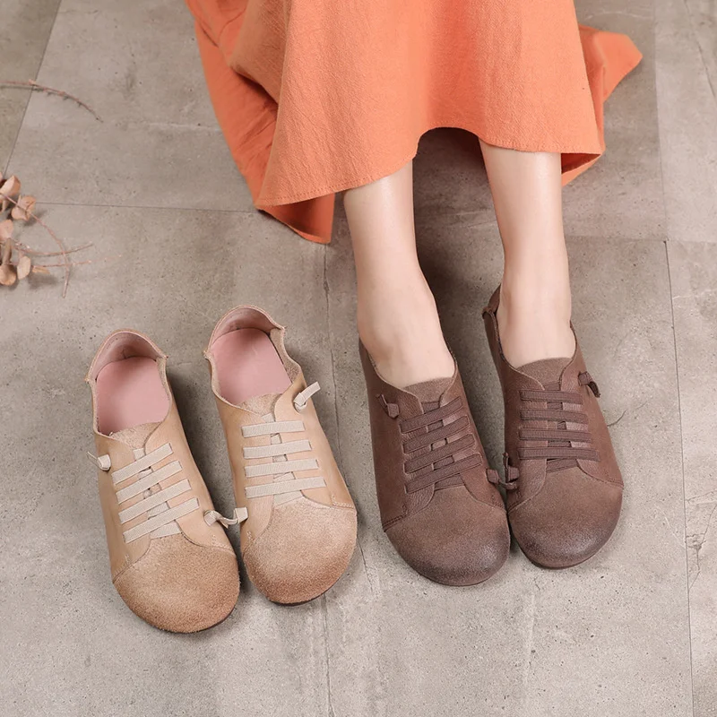 

Handmade Retro Women Casual Shoes Flat Lace up Round Toe Shoes Slip On Genuine Leather Ladies Flats Shoes