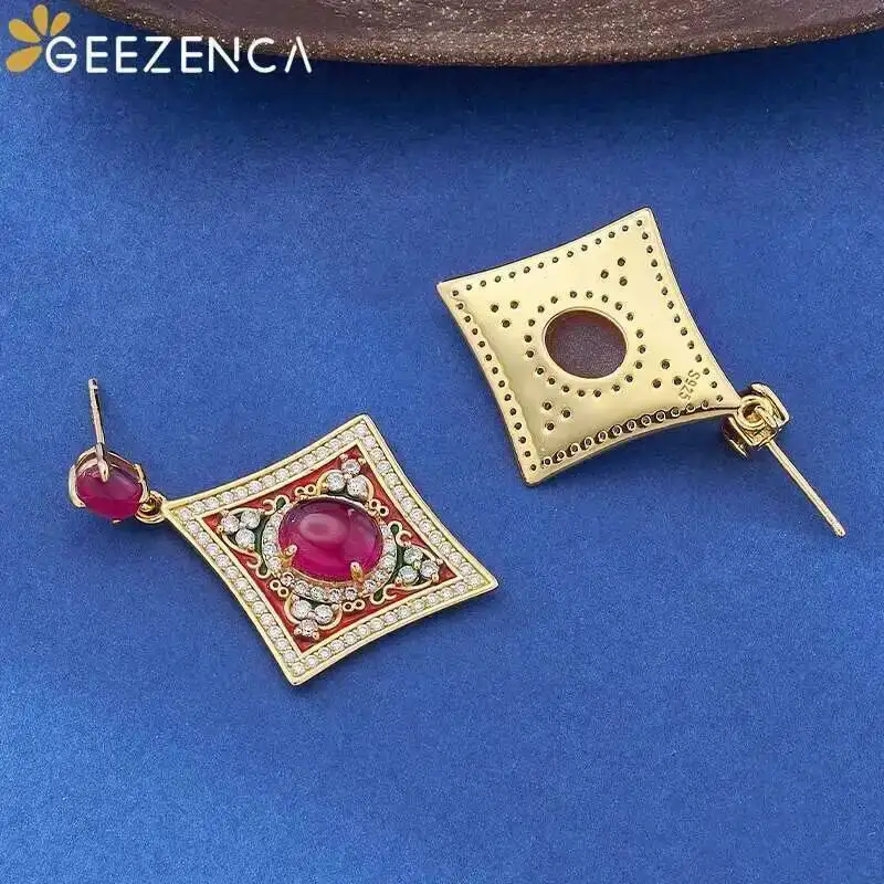 GEEZENCA 925 Sterling Silver Red Corundum Citrine Dangle Earrings Women Luxury Vintage Colorful Enamel Diamond Shaped Earring
