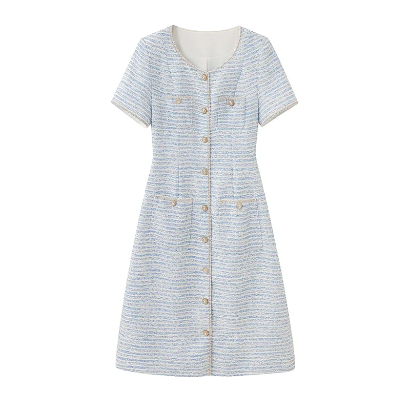 Small Fragrance Light Blue Striped V-neck High-quality Short-sleeved Dress Women Fashion French Elegant Lady Tweed Dress