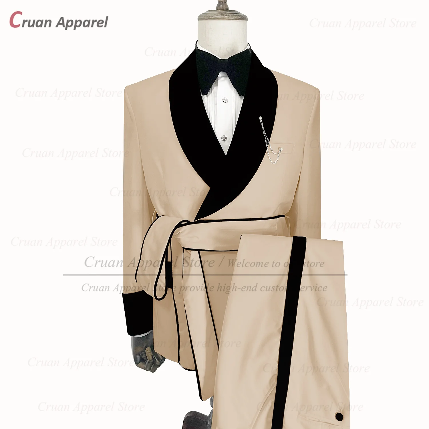 

Fashion Khaki Suits for Men Slim Fit Latest Double Breasted Blazer Pants Belt Set Luxury Velvet Shawl Lapel Prom Wedding Tuxedos