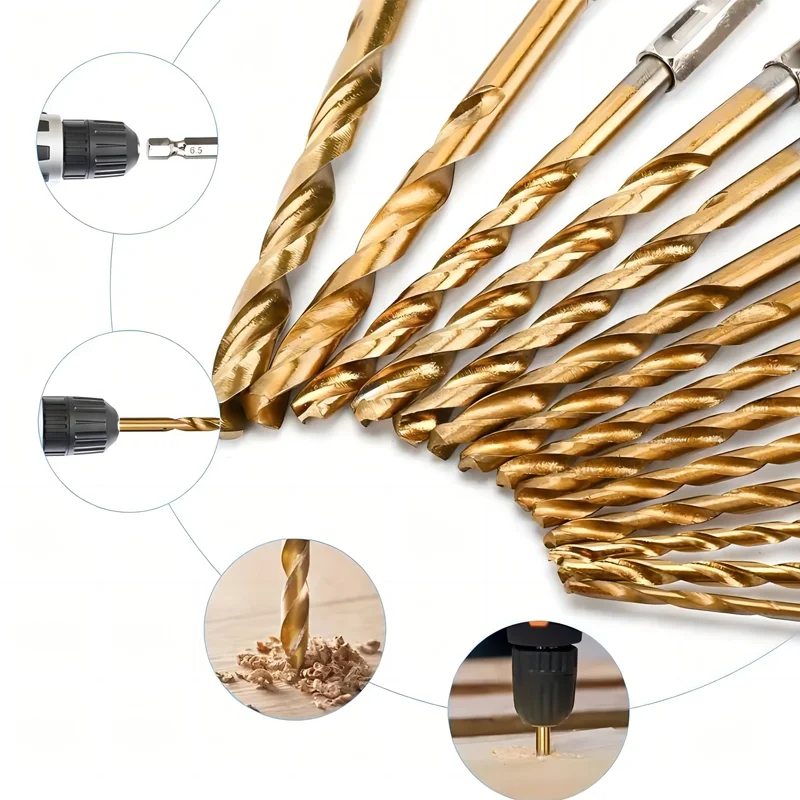 16pcs HSS Drill Bit Set High Speed Steel Titanium Coated Drill Bit 1/4 Hex Shank 1.5-6.5mm Hexagonal Handle Twist Drill Tools