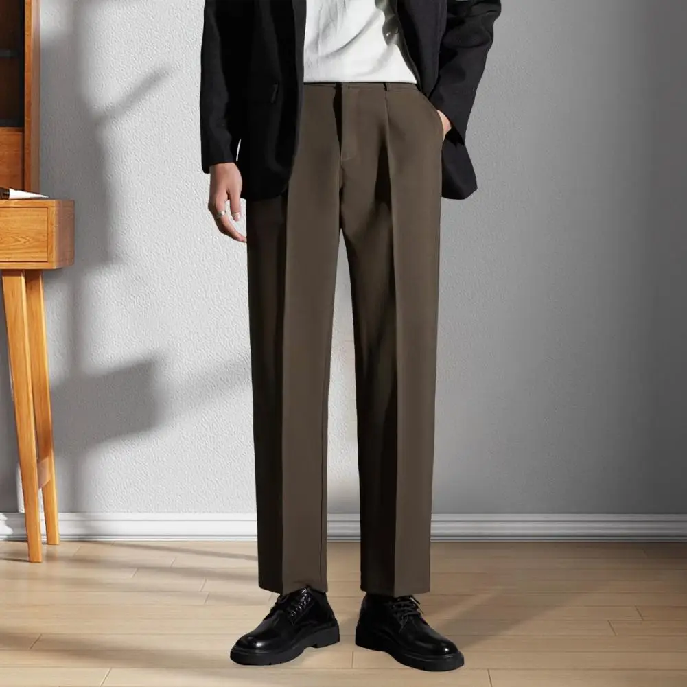 Men Suit Pants Elegant Men's Drawstring Suit Pants for Office Wear Straight Leg Slacks with Button Zipper Closure Formal