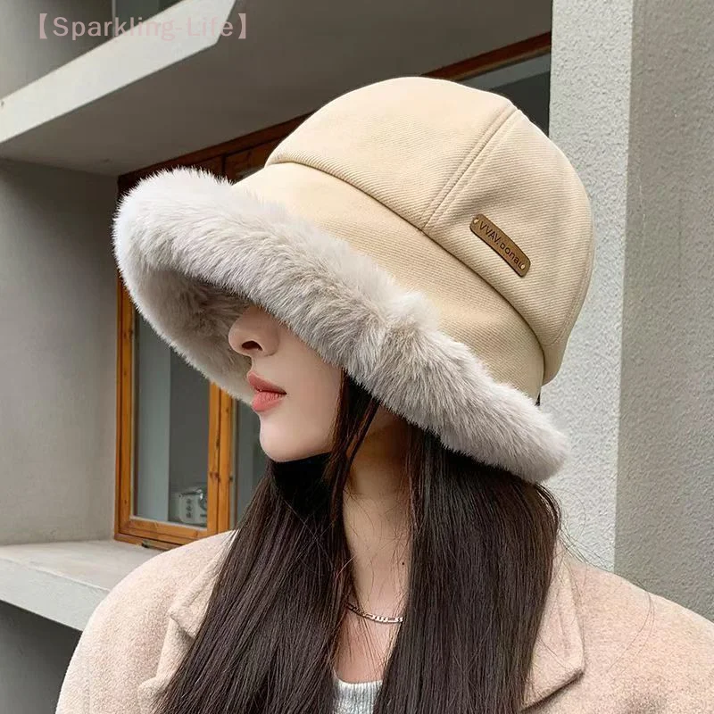 Minimalist Style Winter Women Plush Fisherman Cap Thick Fluffy Fur Panama Cap Fashionable Bucket Hat Windproof Warm Bonnet