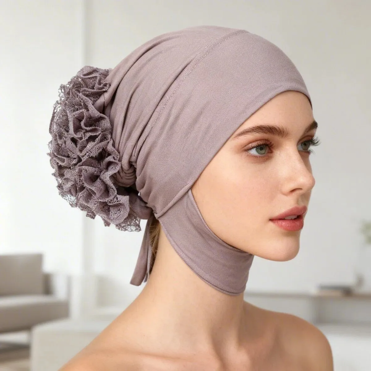 

2026 New Drawstring Design Women's Solid Color Hijab Caps Turban Bonnet Lace Flower Decor Ramadan Head Wrap Head Scarf