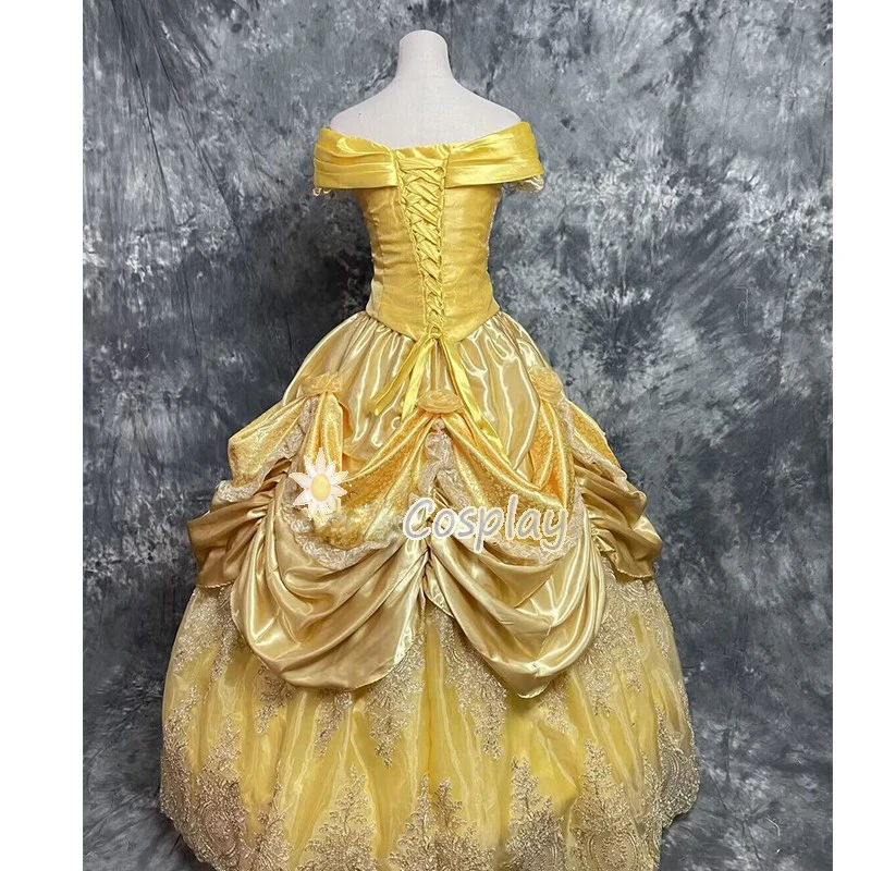 New Arrival Luxury Princess Dress Halloween Carnival Party Belle Dress Cosplay Costume Lace Up Yellow Fancy Dress