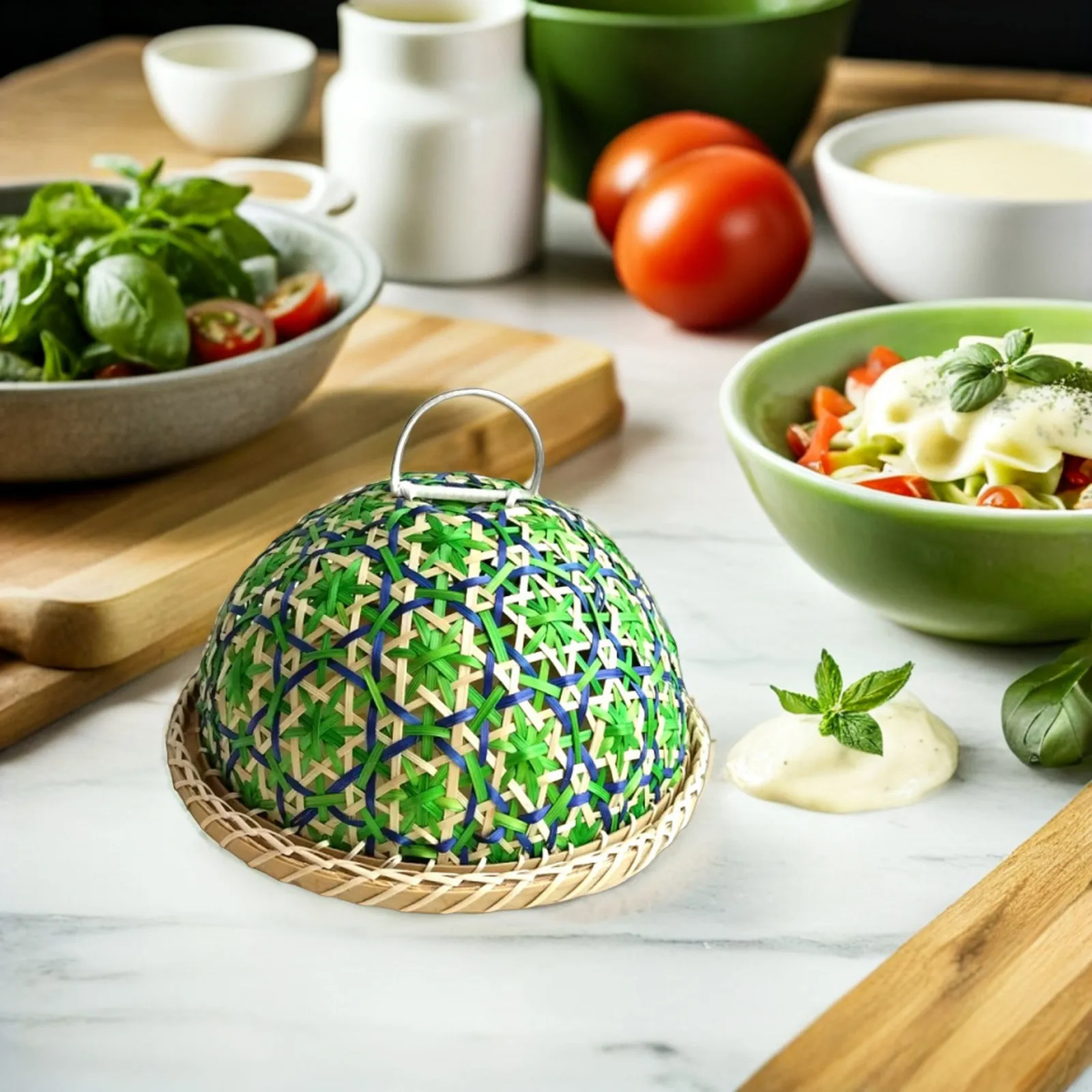 1Set Handmade Rattan Round Tray Woven Food Cover Large Picnic Dome Outdoor Portable Food Tent Breathable Reusable