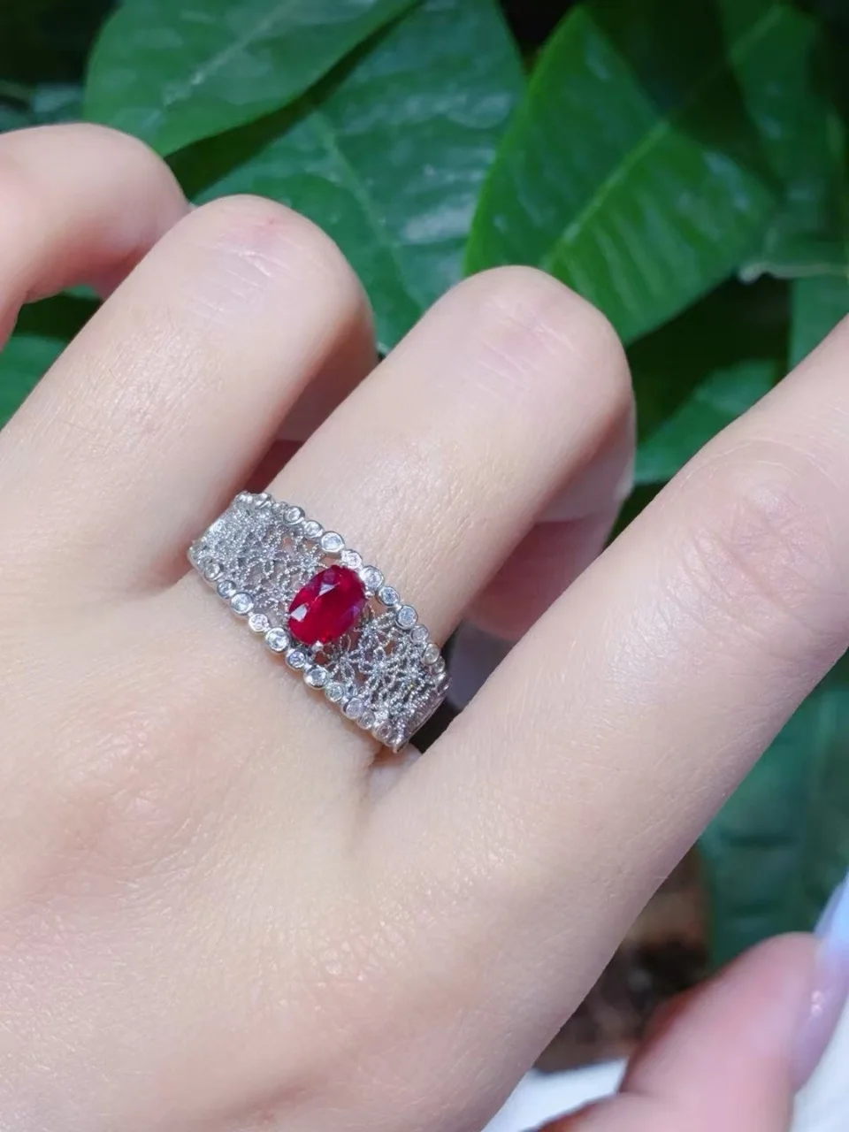 Certificated 925 Sterling Silver Natural Ruby Filigree Finger Band Retro Hollow Lace Texture Chunky Rings Fine Adjustable Jewel