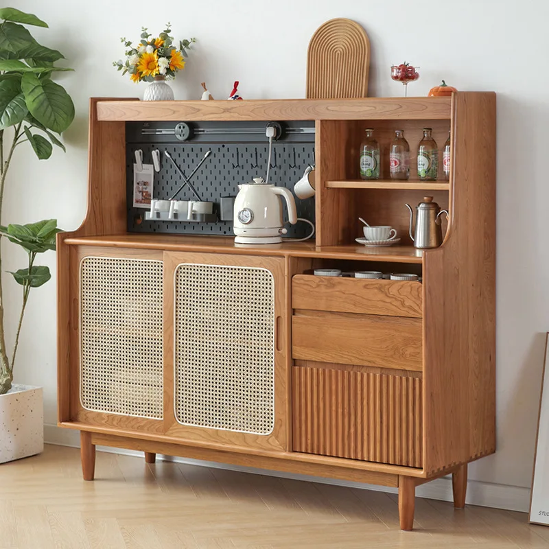 Nordic solid wood dining side cabinet, kitchen small apartment hole board integrated  against the wall high rattan storage