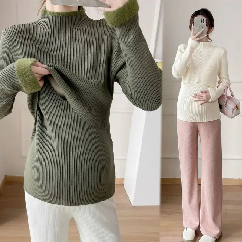 Winter Thick Warm Nursing Sweater Pregnant Women Half High Collar Spliced Mohair Nursing Top Slim Maternity Breastfeeding Shirts