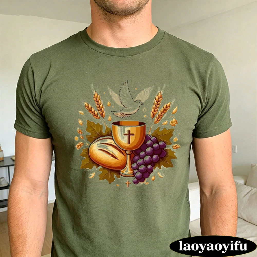 Holy Communion Chalice Dove Wheat Graphic T Shirt Men Catholic Religious Art Top Church Service Memorial Faith Tops