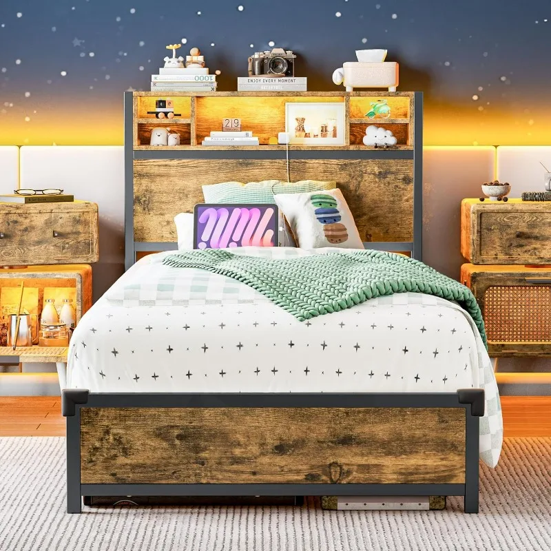 

Twin Bed Frame with Bookcase Headboard and Charging Station, Metal Platform Bed Frame with Led Light, Easy Assembly