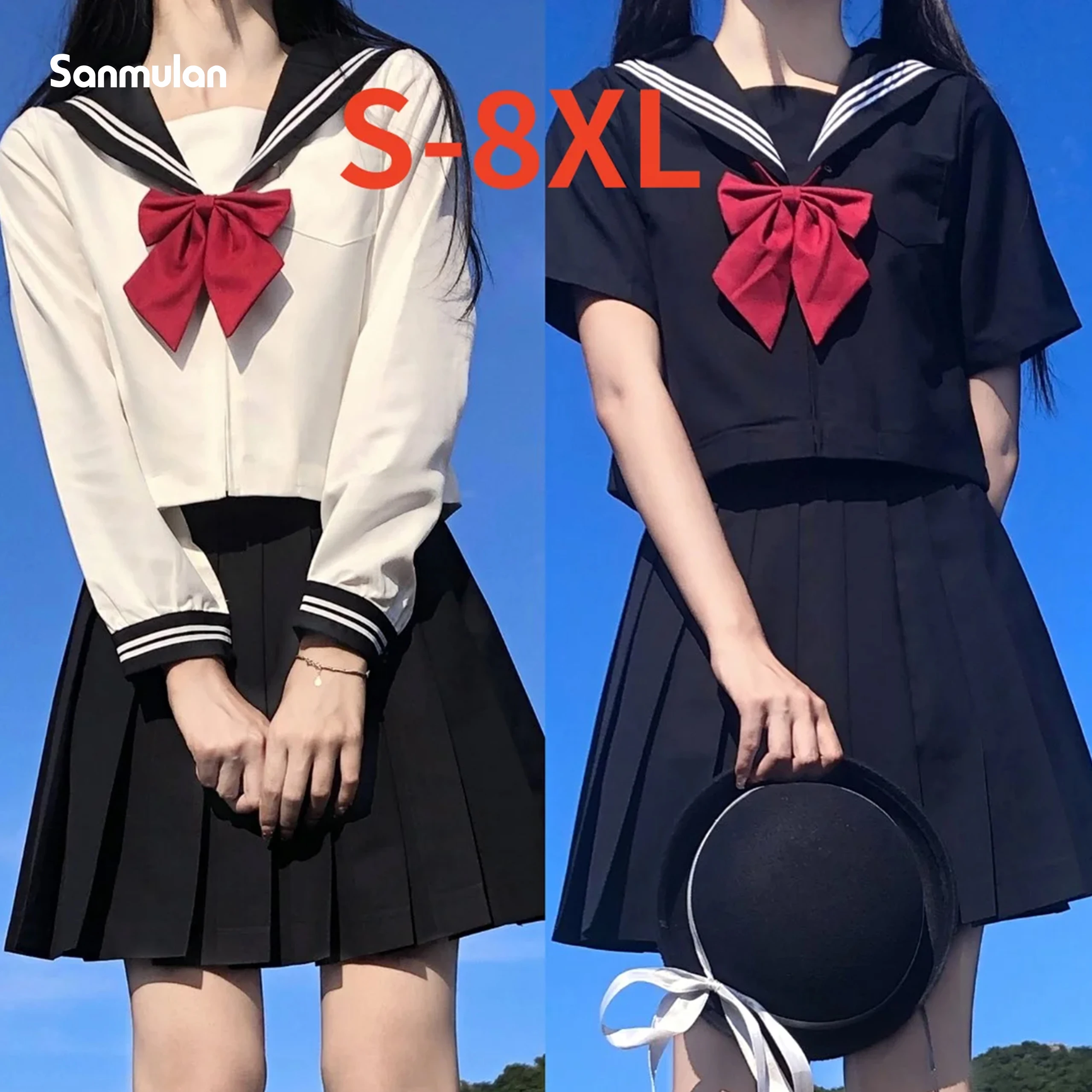 Japanese School Uniform Girls S-8XL Plus Size Jk Suit White Two Black Three Basic Sailor Uniform Women Long Sleeve Suit