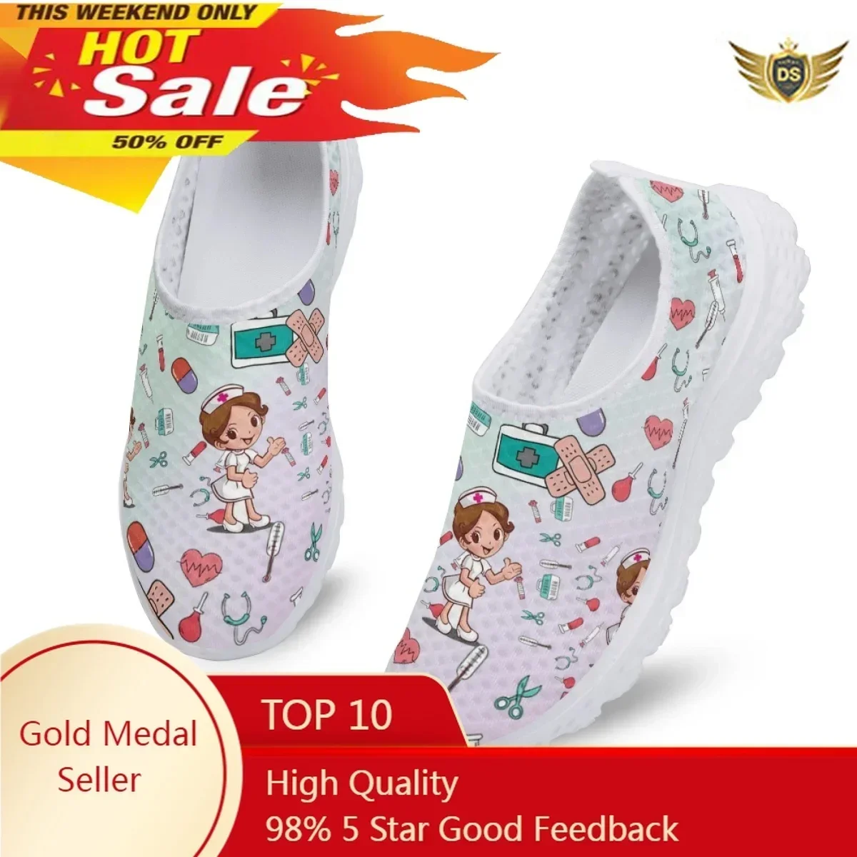 

Gradient Medical Equipment Printed Nursing Shoes Summer Breathable Lightweight Ladies Flat Soft Loafers Chaussure Femme Gift