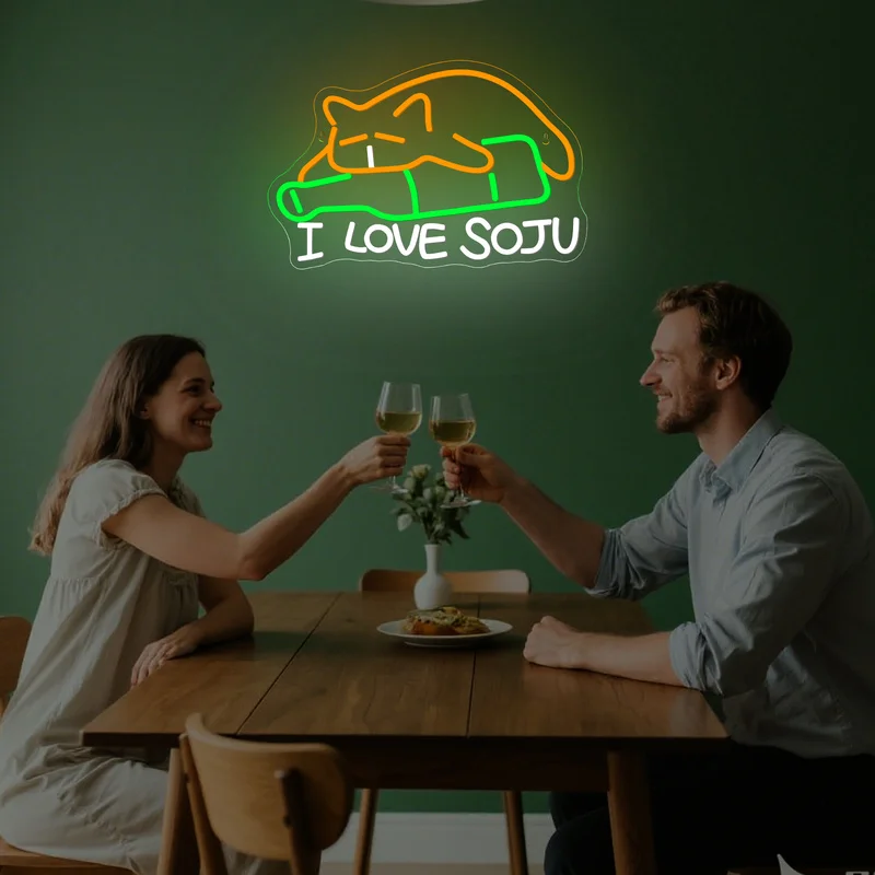 I Love Soju Neon Sign Cat Led Neon Light Wall Decor For Bar Club Party Colorful Soju Neon Light Sign Dimmable Animal Neon Light