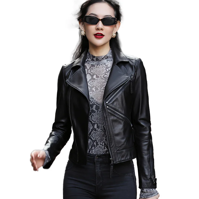 2023 High Quality Sheepskin Coats Women Real Leather Short Jacket Autumn Winter Slim Motorcycle Outerwear Streetwear Female Tops