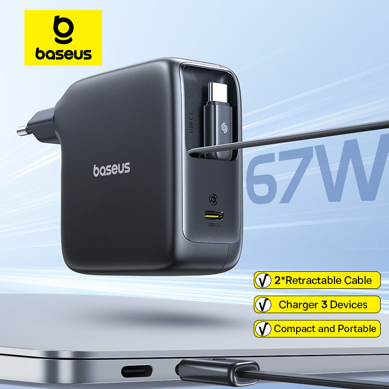  Baseus 67W GaN Charger With Dual Retractable Cable Fast Charger for iPhone Xiaomi Samsung Travel Charger Universal Phone Charger 