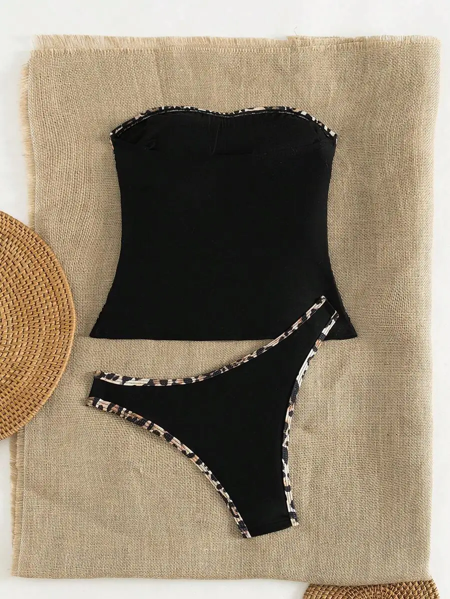 

Black Leopard Print Spliced Bandeau Top And Triangle Bottoms Two Piece Bikini Set