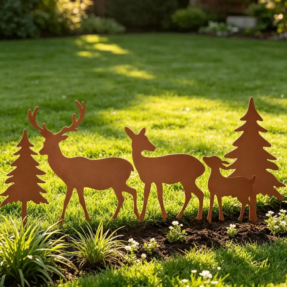 5Pcs/Set Forest Deers Garden Stakes, Rusty Christmas Tree Elk Family Stakes, Metal Yard Art Ornaments for Lawn Holiday Decor