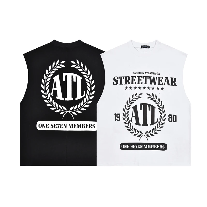 

Hip Hop Streetwear Men Sleeveless Vest Tanks Top Wheat Ear Letter Print Harajuku Summer Cotton Black White Casual T-shirt Tees